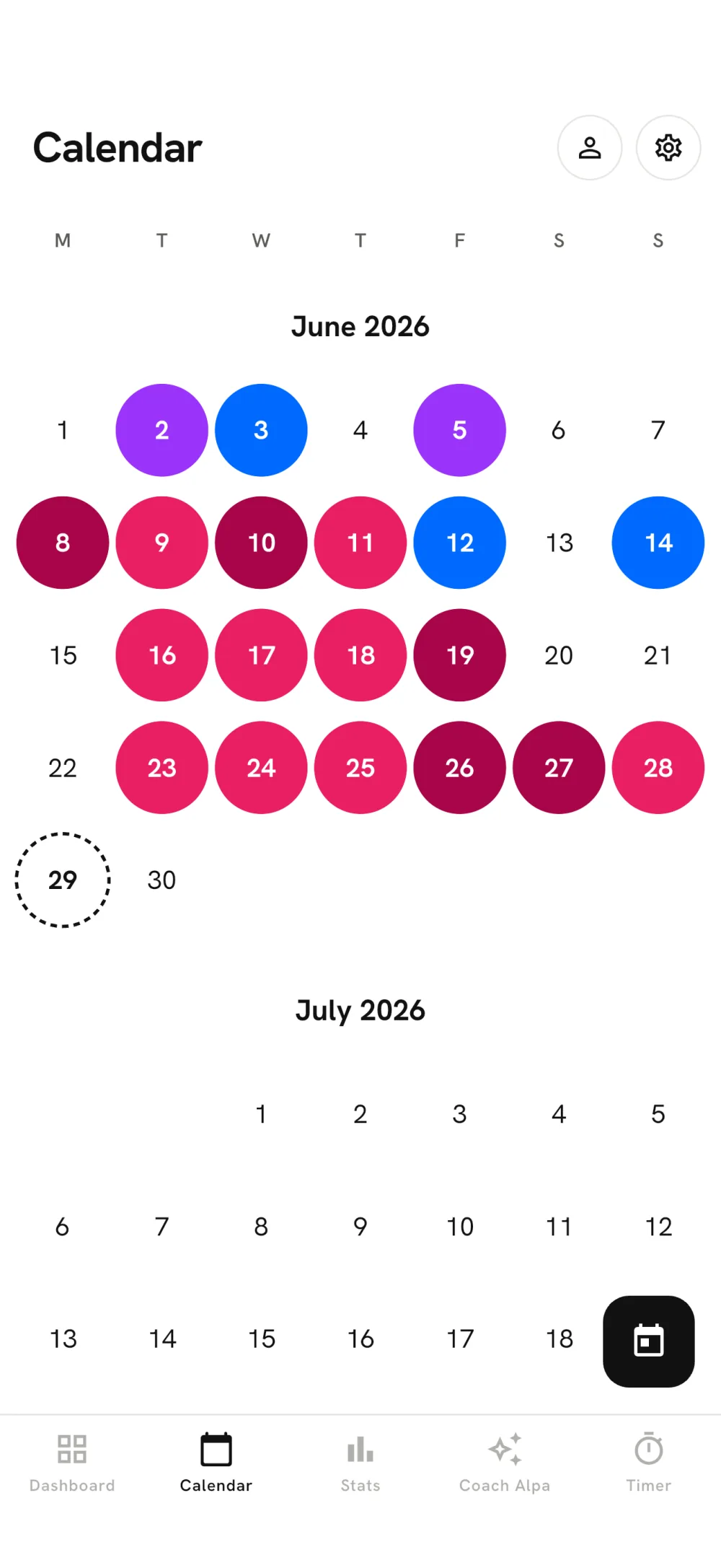 AlpaFit calendar with each training day colour-coded by workout type