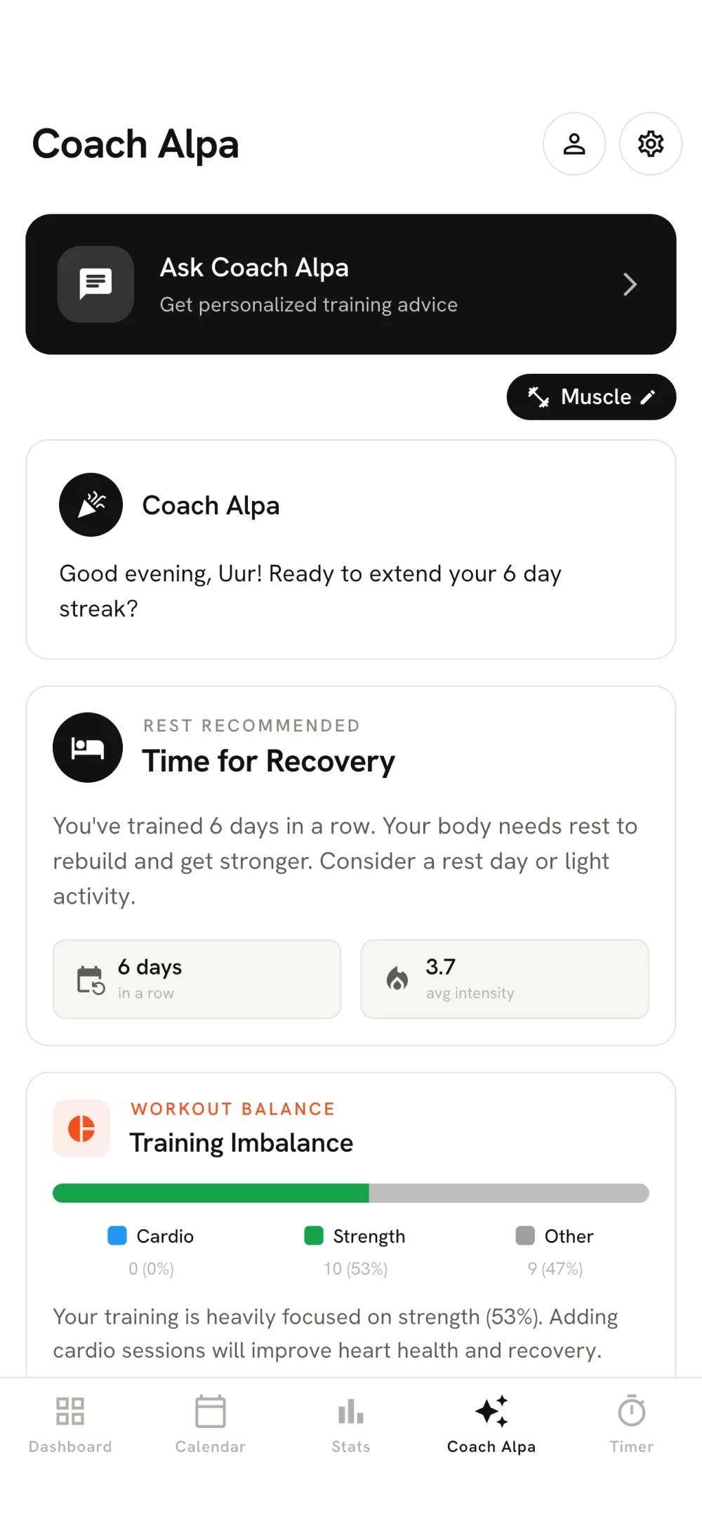 Coach Alpa AI screen with rest recommendations and a training-balance breakdown