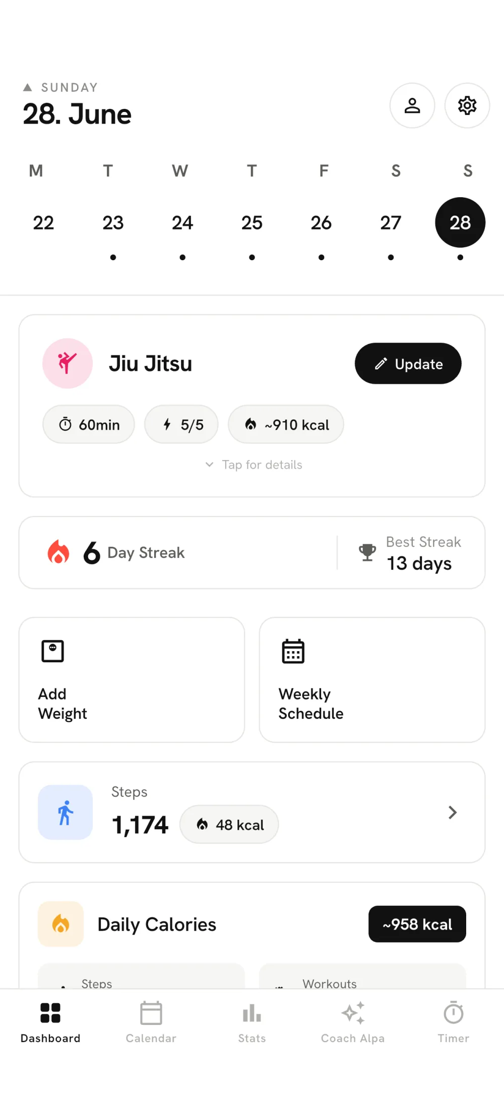 AlpaFit dashboard showing today’s Jiu Jitsu workout, a six-day streak, steps and daily calories