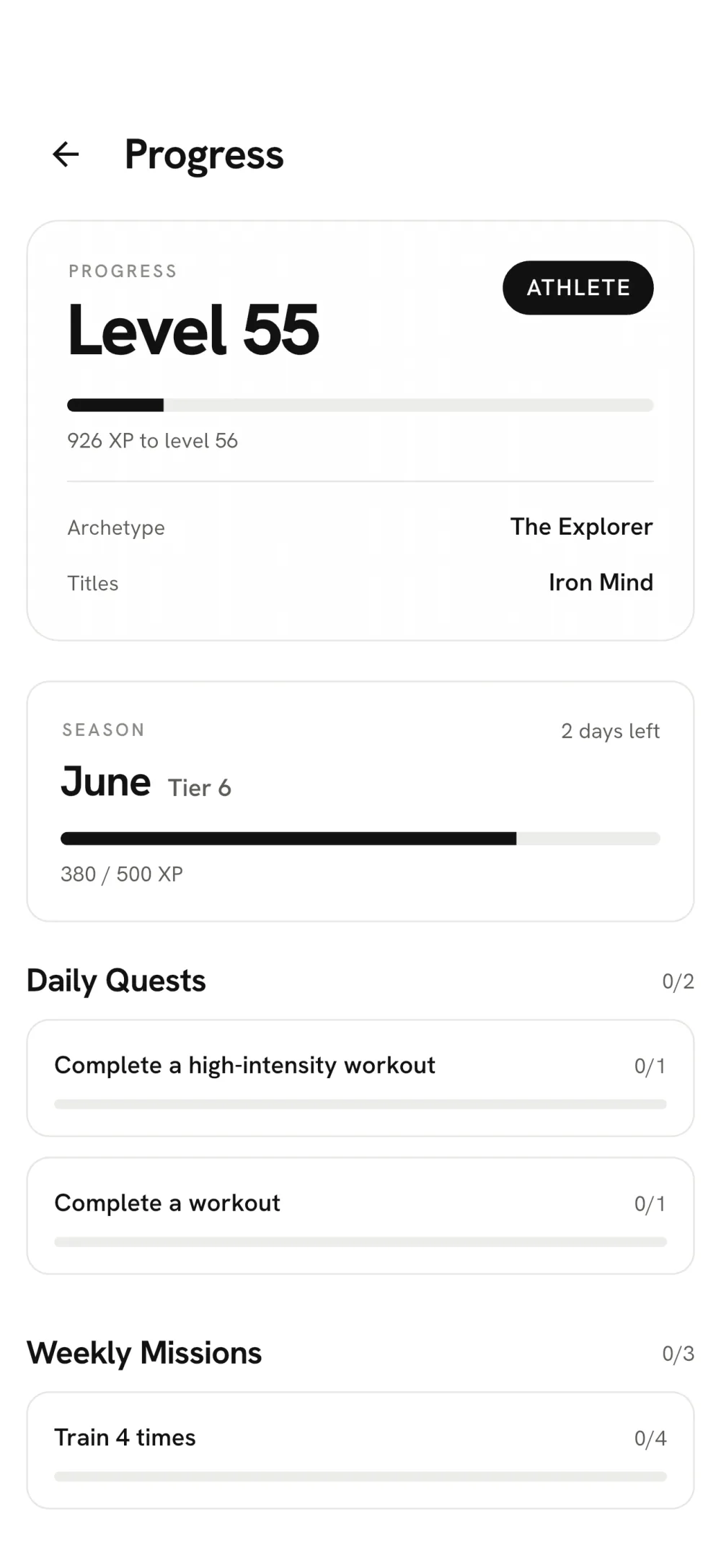 AlpaFit progress screen showing level 55, season tier, and daily quests